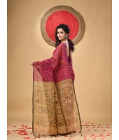  Cotton Blend Tribal Warli Print Half half Design Handloom Sarees with Blouse Piece(red Khaki)