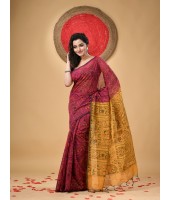 Cotton Blend Tribal Warli Print Half half Design Handloom Sarees with Blouse Piece(red Yellow)