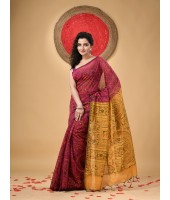 Cotton Blend Tribal Warli Print Half half Design Handloom Sarees with Blouse Piece(red Yellow)