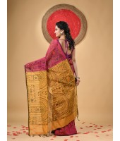 Cotton Blend Tribal Warli Print Half half Design Handloom Sarees with Blouse Piece(red Yellow)