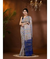  Women's Cotton Blend Tribal Warli Print Half half Design Handloom Sarees with Blouse Piece (White Blue)