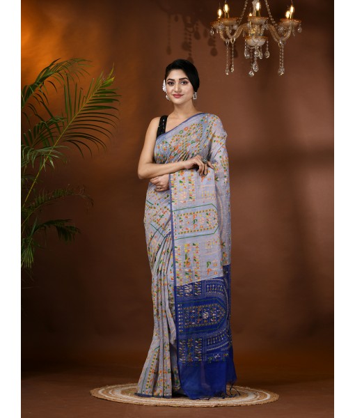  Women's Cotton Blend Tribal Warli Print Half half Design Handloom Sarees with Blouse Piece (White Blue)