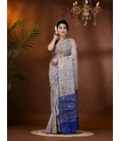  Women's Cotton Blend Tribal Warli Print Half half Design Handloom Sarees with Blouse Piece (White Blue)