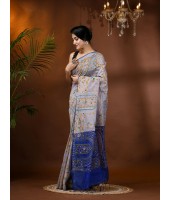  Women's Cotton Blend Tribal Warli Print Half half Design Handloom Sarees with Blouse Piece (White Blue)