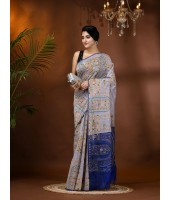  Women's Cotton Blend Tribal Warli Print Half half Design Handloom Sarees with Blouse Piece (White Blue)