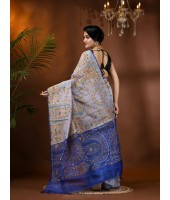  Women's Cotton Blend Tribal Warli Print Half half Design Handloom Sarees with Blouse Piece (White Blue)