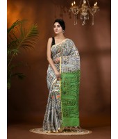 Cotton Blend Tribal Warli Print Half half Design Handloom Sarees with Blouse Piece (Green white)