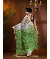 Cotton Blend Tribal Warli Print Half half Design Handloom Sarees with Blouse Piece (Green white)