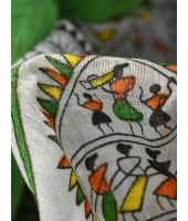 Cotton Blend Tribal Warli Print Half half Design Handloom Sarees with Blouse Piece (Green white)