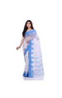 DESH BIDESH Women`s Traditional Tant Pure Handloom Cotton Saree Woven Tri Flower Designer Without Blouse Piece (Blue White)