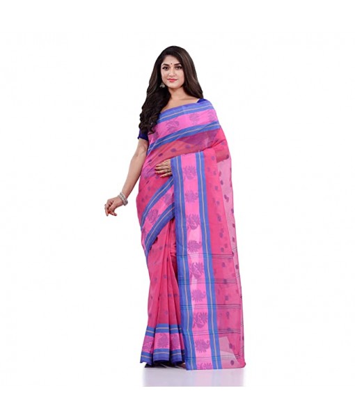 DESH BIDESH Women`s Traditional Tant Pure Handloom Cotton Saree Woven Kamal kolka Designer Without Blouse Piece (Pink)
