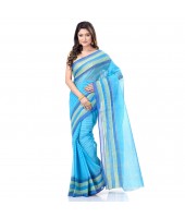 dB DESH BIDESH Women`s Bengal Handloom Pure Cotton Saree Khejur Chori Design Without Blouse Piece Cyan Blue