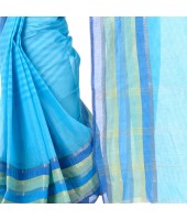 dB DESH BIDESH Women`s Bengal Handloom Pure Cotton Saree Khejur Chori Design Without Blouse Piece Cyan Blue