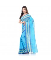 dB DESH BIDESH Women`s Bengal Handloom Pure Cotton Saree Khejur Chori Design Without Blouse Piece Cyan Blue