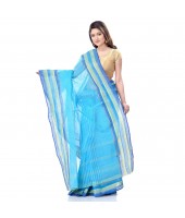 dB DESH BIDESH Women`s Bengal Handloom Pure Cotton Saree Khejur Chori Design Without Blouse Piece Cyan Blue