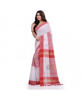 DESH BIDESH Women`s Bengal Handloom Pure Cotton Saree Kotki Design With Blouse Piece (White Red)