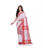 DESH BIDESH Women`s Bengal Handloom Pure Cotton Saree Kotki Design With Blouse Piece (White Red)