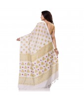 dB DESH BIDESH Women`s Bengal Tant Abhrak Work Design Soft Pure Handloom Cotton Saree With Blouse Piece White