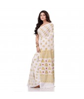 dB DESH BIDESH Women`s Bengal Tant Abhrak Work Design Soft Pure Handloom Cotton Saree With Blouse Piece White