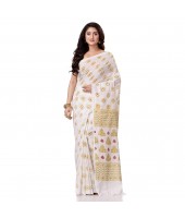 dB DESH BIDESH Women`s Bengal Tant Abhrak Work Design Soft Pure Handloom Cotton Saree With Blouse Piece White