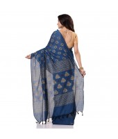 dB DESH BIDESH Women`s Bengal Tant Abhrak Work Design Soft Pure Handloom Cotton Saree With Blouse Piece Prussian Blue