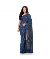 dB DESH BIDESH Women`s Bengal Tant Abhrak Work Design Soft Pure Handloom Cotton Saree With Blouse Piece Prussian Blue