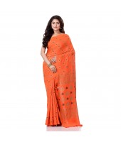 dB DESH BIDESH Women`s Bengal Tant Abhrak Work Design Soft Pure Handloom Cotton Saree With Blouse Piece Orange