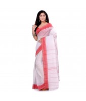 dB DESH BIDESH Women`s Bengal Tant Aradhana Design Pure Handloom Cotton Saree Without Blouse Piece White Red