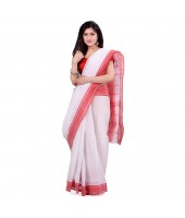 dB DESH BIDESH Women`s Bengal Tant Aradhana Design Pure Handloom Cotton Saree Without Blouse Piece White Red