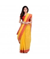 dB DESH BIDESH Women`s Bengal Tant Aradhana Design Pure Handloom Cotton Saree Without Blouse Piece Yellow Red