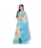 dB DESH BIDESH Women`s Bengal Tant Jamdani Printed Handloom Cotton Saree Without Blouse Piece (Blue)