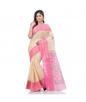 dB DESH BIDESH Women`s Bengal Tant Jamdani Printed Handloom Cotton Saree Without Blouse Piece (Pink)