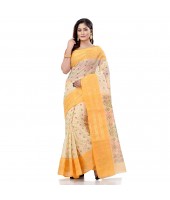 dB DESH BIDESH Women`s Bengal Tant Jamdani Printed Handloom Cotton Saree Without Blouse Piece (Yellow)