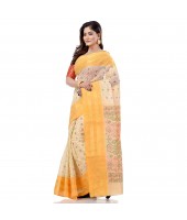 dB DESH BIDESH Women`s Bengal Tant Jamdani Printed Handloom Cotton Saree Without Blouse Piece (Yellow)