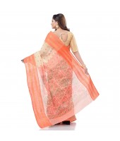 dB DESH BIDESH Women`s Bengal Tant Jamdani Printed Handloom Cotton Saree Without Blouse Piece (Orange)