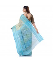 dB DESH BIDESH Women`s Bengal Tant Jamdani Printed Handloom Cotton Saree Without Blouse Piece (Blue)