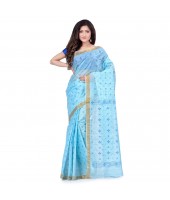 dB DESH BIDESH Women`s Bengal Tant Kerala Print Design Pure Handloom Cotton Saree Without Blouse Piece Blue