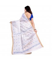 dB DESH BIDESH Women`s Bengal Tant Kerala Print Design Pure Handloom Cotton Saree Without Blouse Piece White Blue