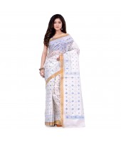 dB DESH BIDESH Women`s Bengal Tant Kerala Print Design Pure Handloom Cotton Saree Without Blouse Piece White Blue