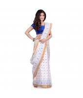 dB DESH BIDESH Women`s Bengal Tant Kerala Print Design Pure Handloom Cotton Saree Without Blouse Piece White Blue