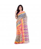 dB DESH BIDESH Women`s Bengal Tant Kolka Print Design Pure Handloom Cotton Saree Without Blouse Pink Yellow