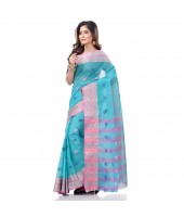 dB DESH BIDESH Women`s Bengal Tant Potrobinnas Pure Handloom Cotton Saree Without Blouse Piece (Blue)