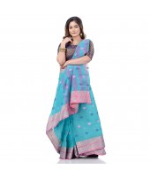 dB DESH BIDESH Women`s Bengal Tant Potrobinnas Pure Handloom Cotton Saree Without Blouse Piece (Blue)