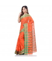 dB DESH BIDESH Women`s Bengal Tant Potrobinnas Pure Handloom Cotton Saree Without Blouse Piece (Orange)