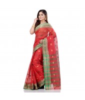 dB DESH BIDESH Women`s Bengal Tant Potrobinnas Pure Handloom Cotton Saree Without Blouse Piece (Red)