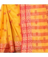 dB DESH BIDESH Women`s Bengal Tant Pure Handloom Cotton Saree Potrobinnas Design Without Blouse Piece Orange Yellow