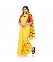 dB DESH BIDESH Women`s Bengali Khesh Mul Pure Cotton Handloom Saree With Blouse Piece (Yellow)