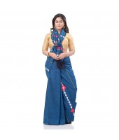 dB DESH BIDESH Women`s Bengali Khesh Mul Pure Cotton Handloom Saree With Blouse Piece (Prussian Blue)