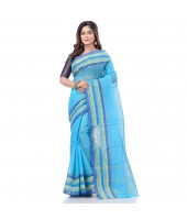 dB DESH BIDESH Women`s Bengali Tant Khejur Chori Pure Handloom Cotton Saree Without Blouse Piece (Blue)