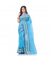 dB DESH BIDESH Women`s Bengali Tant Khejur Chori Pure Handloom Cotton Saree Without Blouse Piece (Blue)